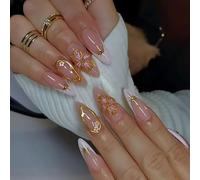 24Pcs Elegant Almond Press on Nails with Nude Pink Base, White French Tips, Pink Flower Designs, Gold Detailing, and Glossy Finish, Perfect for Special Occasions and Fashionable Manicure