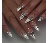 24Pcs Elegant Almond Press on Nails with White Base, Black and Silver Swirl Designs, Gemstone Accents for Chic Manicure, Perfect for Special Occasions and Trendy Everyday Wear