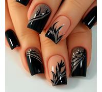 24pcs Elegant Black False Nails with Gold Glitter and Leaf Patterns - Press On Nails Short - French Tip False Metallic Accents for Parties and Events