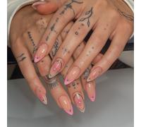 24pcs Elegant Blue Floral Press On Nails Short Almond Shape False Nails - French Tip Tips with Golden Accents Glossy Finish for Women Weddings Parties Halloween Christmas Autumn