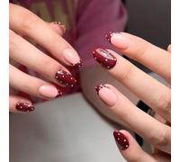 24PCS Elegant Burgundy Polka Dot Press On Nails Short Almond - French Tip False Nails with Two Tone Design & Glossy Finish, ABS Set for Women Wedding Guest Dinner Events Classic Style