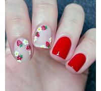 24pcs Elegant False Nails With Strawberry Flower Designs Short Square Press On Stick On Manicure Art Nail Decoration