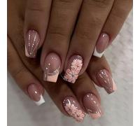 24pcs Elegant French Tip Press On Nails With Flower Designs Acrylic Nails Spring Stick On Nails Manicure Nails Decors