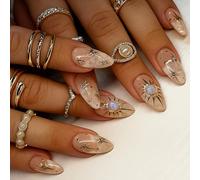 24PCS Elegant Long Almond French Tip Press On Nails with 3D Sun Star Design, Full Cover Fake Nails ABS Material with Jelly Adhesive Tabs for Women, Ideal for Summer and Special Occasions (Pearl Sun)