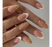 24PCS Elegant Press On Nails French Tip Design With Gold Glitters Sparkling Art Artificial Nails Durability ABS Build French Tip Press On Nail