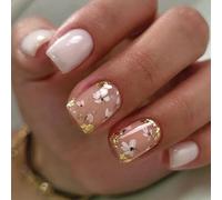 24pcs Elegant Short Square False Nails With White Floral And Gold Foil Full Covers Acrylic Nails Manicure For Nails Art
