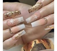 24PCS Elegant Snowflake Press On Nails Long Coffin - Glittering Diamond & Gold Sequin Design, ABS False Nails With Jelly Tabs For Christmas Party, Winter Wedding, New Year Glamour Look Gifts