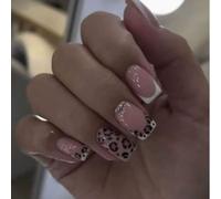 24pcs Elegant White French Tips with Leopard Accents Glossy Nude Base - Sparkling Rhinestone Detail Trendy Square Shape Press On Nails Short False