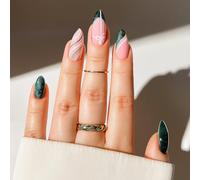 24pcs Emerald Glitter French Tip Press on Nails for Women - Short Almond False Nails Set with Gold Line Art Design, 12 Sizes, DIY Art Accessories for Autumn Christmas Holiday, Glued Handcrafted