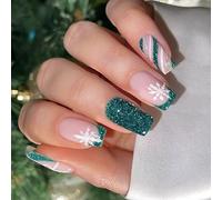 24PCS Emerald Glitter Short Oval French Design Festive Manicure Christmas Party Wear ABS Fake Nail