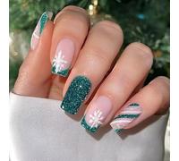 24PCS Emerald Glitter Short Oval French Design Festive Manicure Christmas Party Wear ABS Glitters French Design Fake Nail Christmas