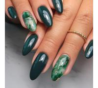 24PCS Emerald Green Ombre Press on Nails - Medium Almond Fake Nails with Gold Foil Design, Full Cover Stick-on Nails, Includes Accessory Tools, Ideal for Brides & Parties