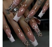 24pcs Extra Long Square False Nails French Tip Leopard Print Press on Nails 3D White Edge Nude Pink Stick on Nail Tips with Bow Accents Removable Glue-on Fake Nail Art Accessories for Women