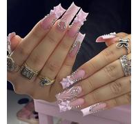 24pcs Extra Long Square False Nails Pink French Tip Press on Nails 3D Bow Rhinestone Star Design Glitter Pink Stick on Nail Tips Removable Glue-on Fake Nail Art Accessories for Women
