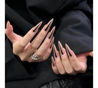 24pcs Extra Long Stiletto False Nails Black Stripe Press on Nails Minimalist Gothic Nude Base Stick on Nail Tips Removable Glue-on Fake Nail Art Y2K Edgy Accessories for Women Party Club Daily