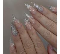 24pcs Extra Long Stiletto False Nails Silver Cat Eye French Tip Press on Nails 3D Wave Rhinestone Pearl Design Nude Pink Stick on Nail Tips Removable Glue-on Fake Nail Art Accessories for Women