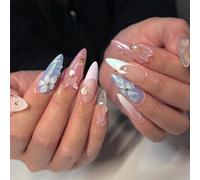 24PCS Fairy Dream Press On Nails - ABS Material with Jelly Adhesive Tabs and Nail File - 3D Floral Butterfly Pearl Almond Medium French Tip Glossy False Nails, Luxury Nail Set Gift for Girls