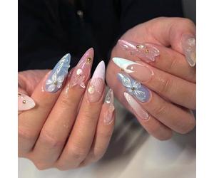 24PCS Fairy Dream Press On Nails - ABS Material with Jelly Adhesive Tabs and Nail File - 3D Floral Butterfly Pearl Almond Medium French Tip Glossy False Nails, Luxury Nail Set Gift for Girls