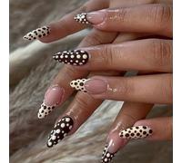 24PCS Fake Nails Almond Shape French Styles with Polkas Dot Pattern for Different Hand Sizes French Tip Cream Yellow