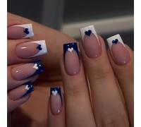 24Pcs Fake Nails, Press - On False Nails, Short To Medium Square Shape, Blue And White Plastic With Heart - Shaped Design, Blue Heart Pattern-, Reusable Nails