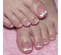 24pcs Fake Toe Nails, False Toenails French Tip, Nude Short Square False Toe Nails, Light Weight Press on Toenails, Stick on Toenails Glossy Full Coverage