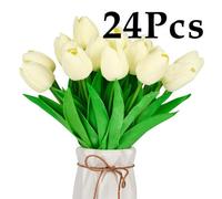 24Pcs Fake Tulips Yellow Realistic Flowers Real Touch Pu Artificial Tulips With Stems Light Yellow Fake Spring Flowers For Home