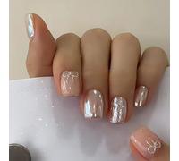 24Pcs Fall Fake Nails Short Press on Square False Autumn Winter Silver White Design Cute Glitter 3D Bow Ripple Acrylic Nail Petite Coffin Nude Glue on for Women Girl