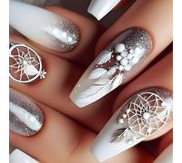 24pcs Fall Feathered Press On Nails Coffin False Nails Glossy Acrylic Manicure Winter Stick On For Women Acrylic Nail