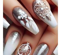 24pcs Fall Feathered Press On Nails Coffin False Nails Glossy Acrylic Manicure Winter Stick On For Women Ballet Nail