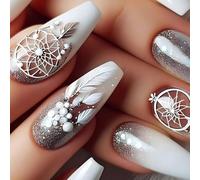 24pcs Fall Feathered Press On Nails Coffin False Nails Glossy Acrylic Nails Manicure Winter Stick On Nails For Women
