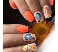 24Pcs Fall Medium Press on Nails Coffin Maple Leaf Full Cover False Nails With Autumn Leaves Designs Acrylic Glossy Stick on Reusable Artificial Thanksgiving for Women