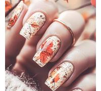 24Pcs Fall Press on Nails Medium Square Fake Nails Thanksgiving False Nails with Maple Leave Designs Glossy Full Cover Artificial Nail Acrylic Nails Press ons Autumn Stick on Nail for Women Girls
