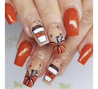 24Pcs Fall Press On Nails Short Almond Stick On Nails Golden Pumpkin Full Covers Artificial Thanksgiving False Nails
