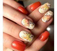 24PCS Fall-Themed False Nails Leaf ABS Multiple Sizes Long-Lasting For Women's Stylish Maple Leaf False Nail