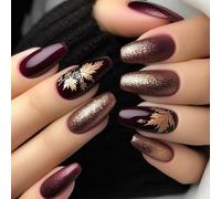 24PCS Fall Winter Copper Glittering ABS Fast-Adhesive Manicure for Parties Daily Autumn Winter Maple Artifical Nails
