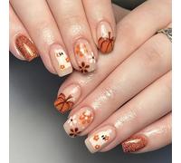 24PCS False Nail Art Halloween - Short Square Nails Glossy Ghost Flower Pumpkin Cute Halloween Elements - French Pumpkin Contrast Color Wearable Nail Art