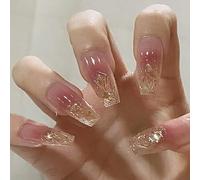 24Pcs False Nails - 3D Diamond False Nails with Glue - French Diamond Glitter Full Cover Stick on Nails - Shiny Long Coffin Shape Luxury Design Fake Nails for Women Girls