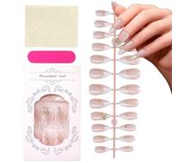 24PCS False Nails Almond, White Pearl French Tip False Nails with Golden Line Bow Design,Full Cover Acrylic Nails with Nail File & Nail Sticky Tabs (Press on Nails Short in 12 Sizes)