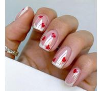 24PCS False Nails - Chrome White French Tip Red Heart Press On Nails Short - Glazed French Tip Fake Nails with Glue - Glossy Acrylic Nails Medium, Natural Pink Stick on Nails