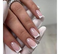 24pcs False Nails French Tip - Fake Nails with Glue - Nude Press on nails French Tip - Medium Stick on Nails - 12 Size Full Cover Square Nail Tips and Glue for Women DIY Manicure