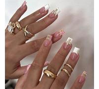 24PCS False Nails French Tip - Gothic Press on Nails Medium - Pink Fake nails with Glue - Stick on Nails for Women - Full Cover Acrylic Square Nail Tips - Gold Nail Charm Glue on nails French Manicure