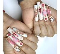 24Pcs False Nails Long Square With Snowflakes Designs False Winter Acrylic Christmas Decoration Holiday Nail Art