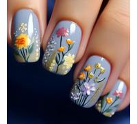 24PCS False Nails Medium Square, Blue French Tip Press on Nails 3D Floral Cute Fake Nails Natural Acrylic Glue on Nail, Reusable Glossy Full Cover Stick on Nail for Women Girls DIY Nail Art
