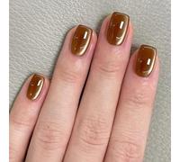 24Pcs False Nails Short Square, Cocoa Brown Cat Eye French Tips Press on Nails in 12 Sizes, Artificial Fake Nail with Jelly Glue Stickers, Removable Elegant Stick on Nails Women Girls DIY Manicure