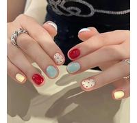 24Pcs False Nails Short Square, Gradient White Pale Pink French Fake Nail, Coffin Press on Nails with Elegant Design, Stick on Nail for Women Girls Nails Art (Red,White,Yellow,Blue, One Size)