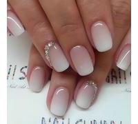 24Pcs False Nails Short Square, Gradient White Pale Pink French Fake Nail, Square Press on Nails with Elegant Design, Stick on Nail for Women Girls Nails Art (Pink,Silver Glitter, One Size)