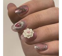 24pcs False Nails Spring Themed Flower And Strawberry Short Oval Press On Nails For Holiday Parties And Outdoor Event Patriotic Theme Nail Design