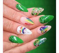 24Pcs False Nails with Sparkling Green Finish and Rainbows Clovers Pattern for Party Providing Easy Application and Styles Shining and Clovers for StPatricks Festivities Offering Comfort