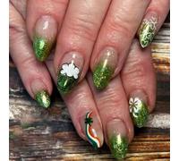 24Pcs False Nails with Sparkling Green Finish and Rainbows Clovers Pattern for Party Providing Easy Application and Styles Glitters and Rainbows Clovers Pattern for Celebrations Adding