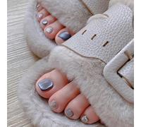 24Pcs False Toe Nails Short Square, Blue Cat Eye French Glossy Press on Toenails, Ballet Full Cover Seamless Fake Toe Nail Set, Reusable Artificial Stick on Toenail for Women Girls Nail Art Decoration